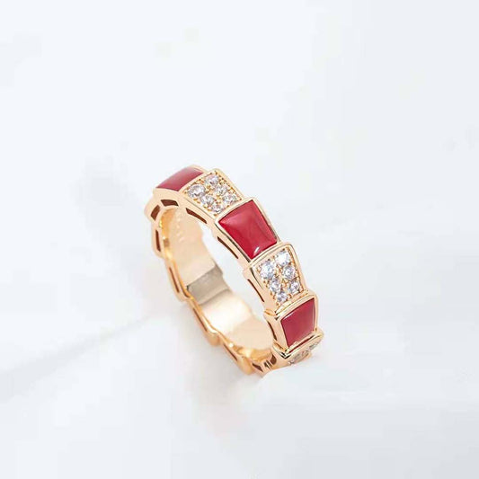[⭐Clover Jewelry]SERPENTI RING PINK GOLD CARNELIAN DIAMOND PAVED 4MM