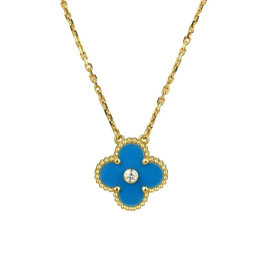 [⭐Clover Jewelry]CLOVER 15MM DIAMOND AND BLUE AGATE NECKLACE
