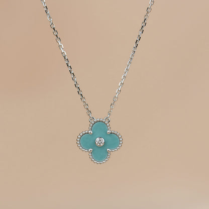[⭐Clover Jewelry]CLOVER 15MM DIAMOND SVRES PORCELAIN  NECKLACE SILVER