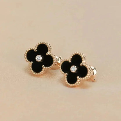 [⭐Clover Jewelry]CLOVER MEDIUM 1 MOTIFS ONYX DIAMOND EARRINGS