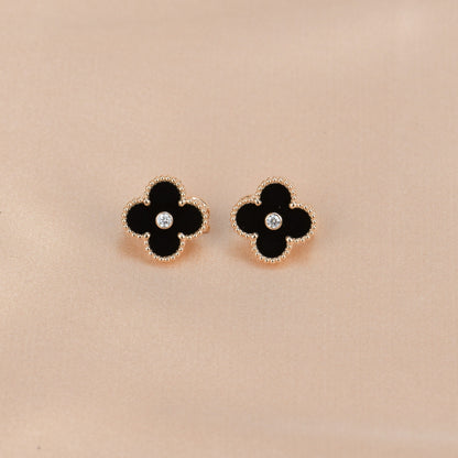 [⭐Clover Jewelry]CLOVER MEDIUM 1 MOTIFS ONYX DIAMOND EARRINGS