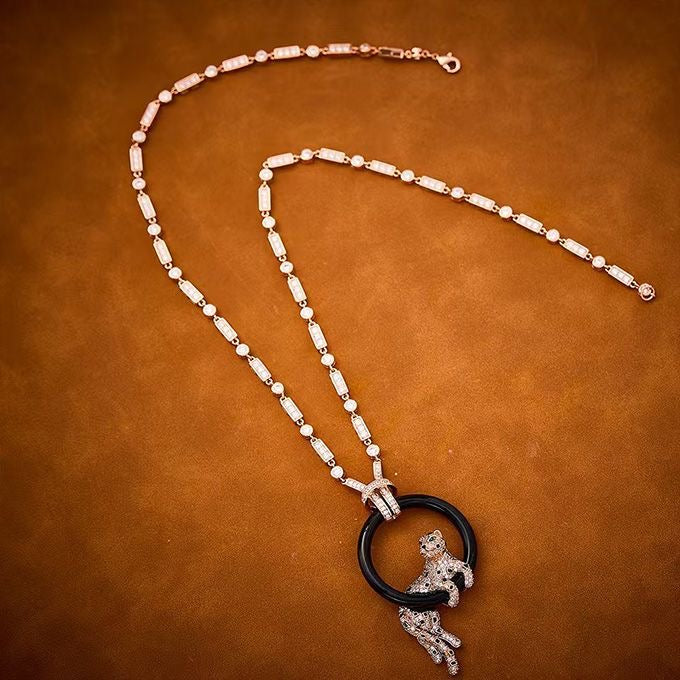 [⭐Clover Jewelry jewelrys]NEW BLACK CIRCLE PANTHER FULL DIAMOND NECKLACE