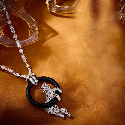 [⭐Clover Jewelry jewelrys]NEW BLACK CIRCLE PANTHER FULL DIAMOND NECKLACE