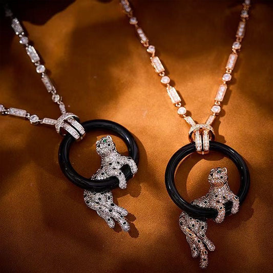 [⭐Clover Jewelry jewelrys]NEW BLACK CIRCLE PANTHER FULL DIAMOND NECKLACE