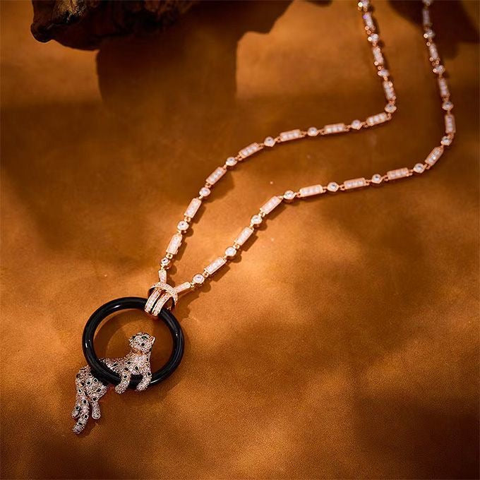 [⭐Clover Jewelry jewelrys]NEW BLACK CIRCLE PANTHER FULL DIAMOND NECKLACE