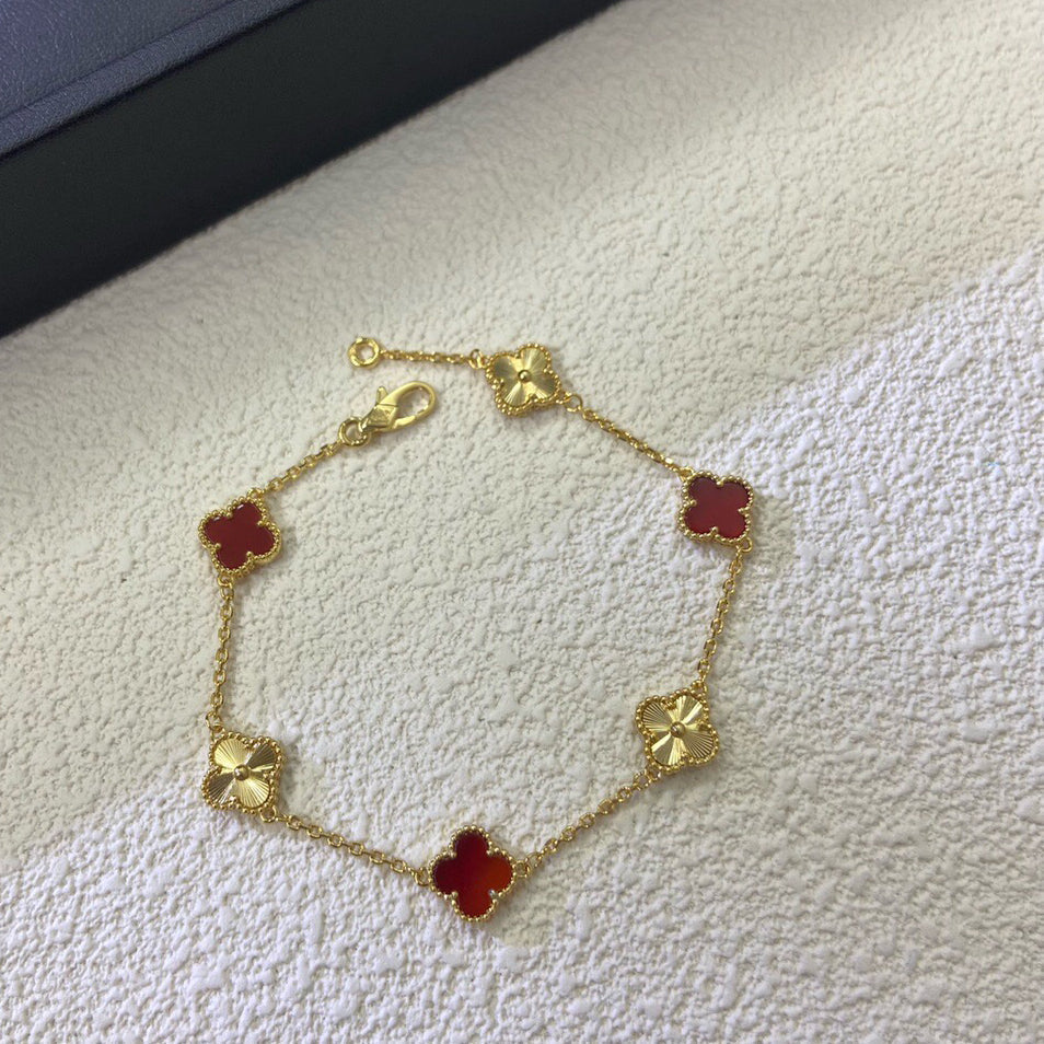[⭐Clover Jewelry]CLOVER 6 MOTIF RED AGATE LASER BRACELET