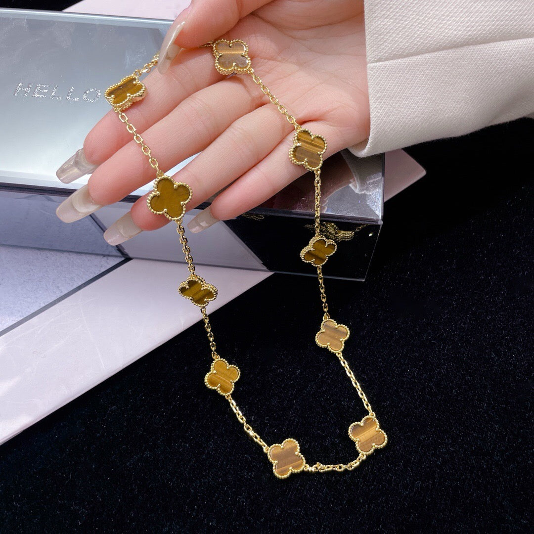 [⭐Clover Jewelry]CLOVER 10 MOTIFS TIGER EYE NECKLACE