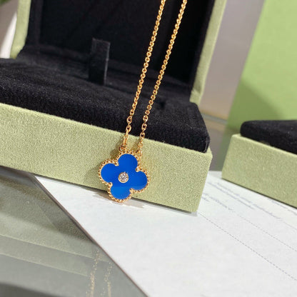 [⭐Clover Jewelry]CLOVER 15MM DIAMOND AND BLUE AGATE NECKLACE