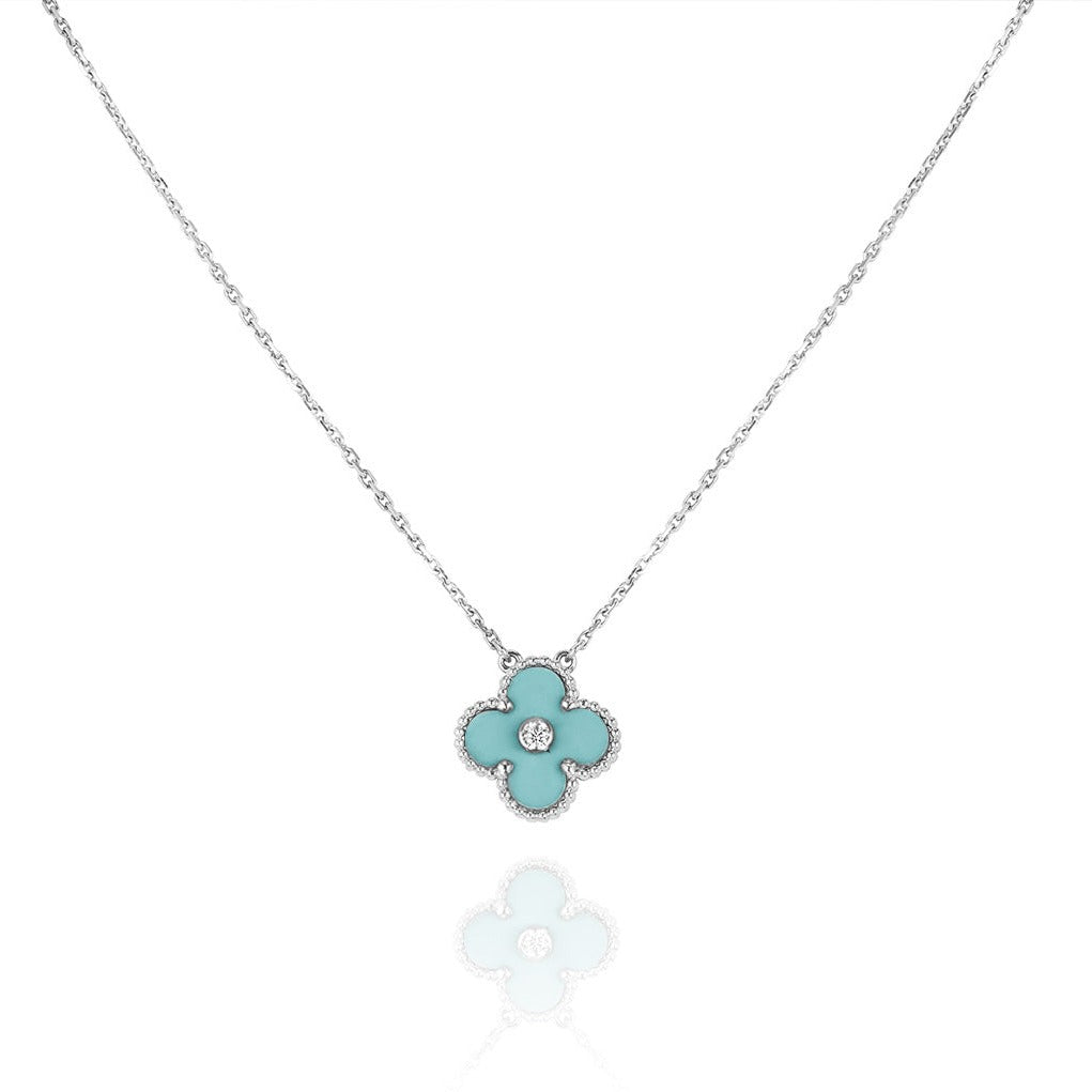 [⭐Clover Jewelry]CLOVER 1 DIAMOND LIGHT BLUE SILVER NECKLACE
