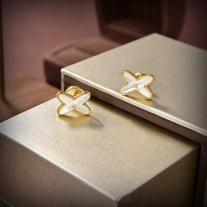 [⭐Clover Jewelry]JEUX DE WHITE MOP GOLD DIAMOND EARRINGS