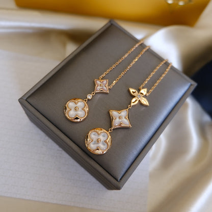 [⭐Clover Jewelry]COLOR BLOSSOM LARIAT NECKLACE PINK GOLD WHITE MOTHER PEARL AND DIAMOND
