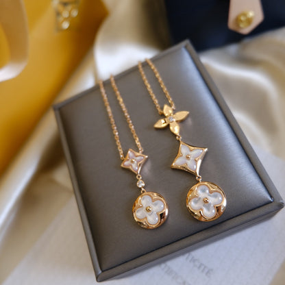 [⭐Clover Jewelry]COLOR BLOSSOM LARIAT NECKLACE PINK GOLD WHITE MOTHER PEARL AND DIAMOND