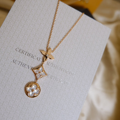[⭐Clover Jewelry]COLOR BLOSSOM LARIAT NECKLACE PINK GOLD WHITE MOTHER PEARL AND DIAMOND