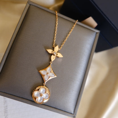 [⭐Clover Jewelry]COLOR BLOSSOM LARIAT NECKLACE PINK GOLD WHITE MOTHER PEARL AND DIAMOND
