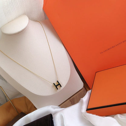 [⭐Clover Jewelry]HM CLIC BLACK ENAMEL GOLD NECKLACE