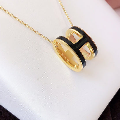 [⭐Clover Jewelry]HM CLIC BLACK ENAMEL GOLD NECKLACE