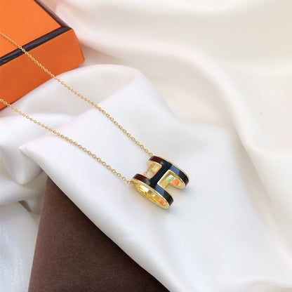 [⭐Clover Jewelry]HM CLIC BLACK ENAMEL GOLD NECKLACE
