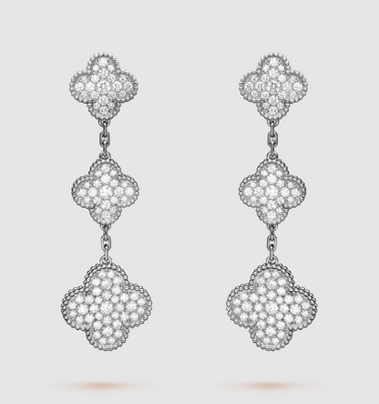[⭐Clover Jewelry]CLOVER 3 MOTIF DIAMOND SILVER DROP EARRINGS
