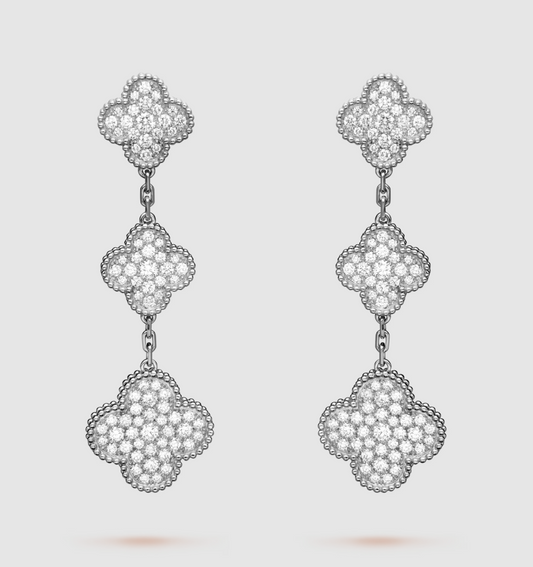 [⭐Clover Jewelry]CLOVER 3 MOTIF DIAMOND SILVER DROP EARRINGS