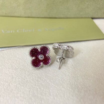 [⭐Clover Jewelry]2026 NEW  CLOVER 1 MOTIFPINK ENAMEL STUD EARRINGS WITH DIAMONDS