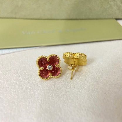 [⭐Clover Jewelry]2026 NEW  CLOVER 1 MOTIFPINK ENAMEL STUD EARRINGS WITH DIAMONDS