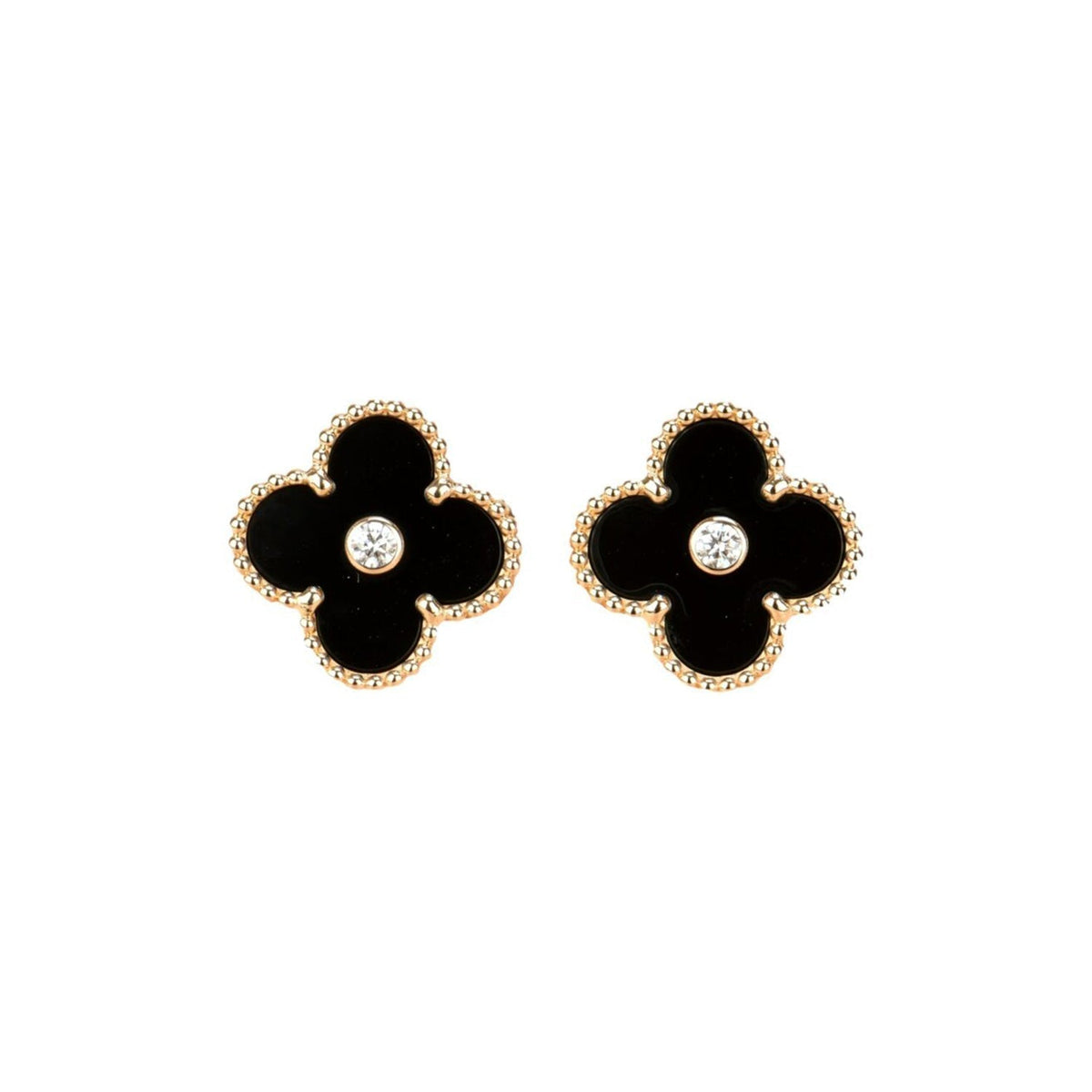 [⭐Clover Jewelry]CLOVER MEDIUM 1 MOTIFS ONYX DIAMOND EARRINGS