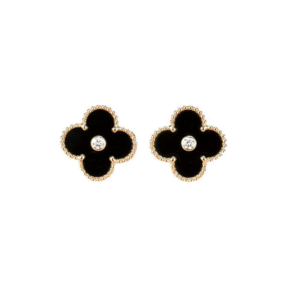 [⭐Clover Jewelry]CLOVER MEDIUM 1 MOTIFS ONYX DIAMOND EARRINGS