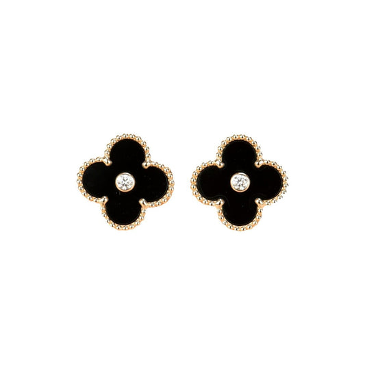 [⭐Clover Jewelry]CLOVER MEDIUM 1 MOTIFS ONYX DIAMOND EARRINGS
