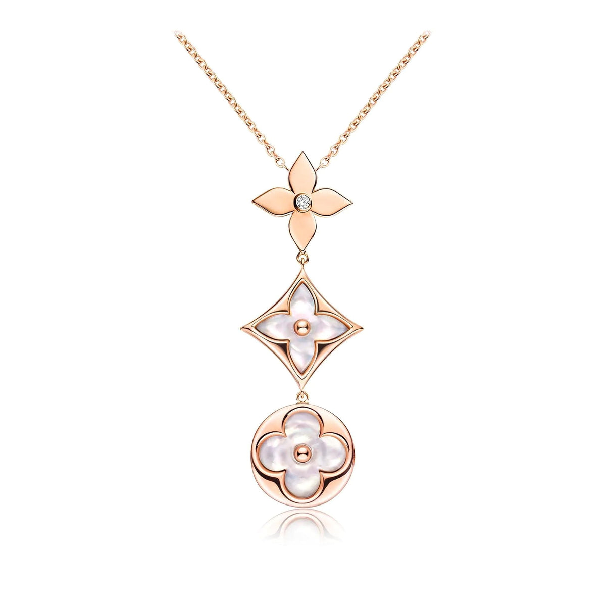 [⭐Clover Jewelry]COLOR BLOSSOM LARIAT NECKLACE PINK GOLD WHITE MOTHER PEARL AND DIAMOND