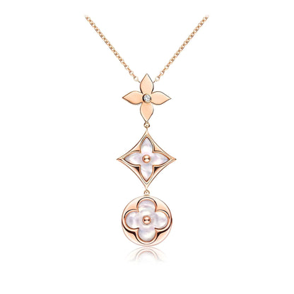 [⭐Clover Jewelry]COLOR BLOSSOM LARIAT NECKLACE PINK GOLD WHITE MOTHER PEARL AND DIAMOND
