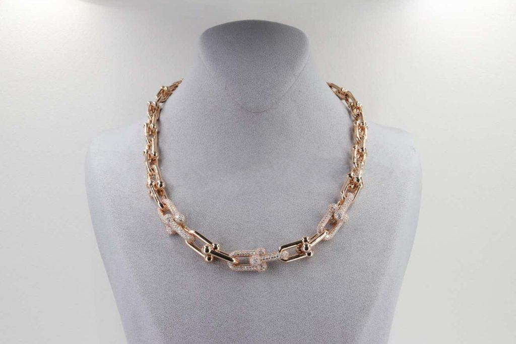 [Clover Jewelry]HARDWEAR GRADUATED LINK NECKLACE ROSE GOLD WITH PAVE DIAMONDS