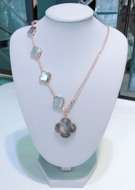 [⭐Clover Jewelry]COMBINED BRACELET 5 MOTIFS AND NECKLACE DARK MOP ROSE GOLD