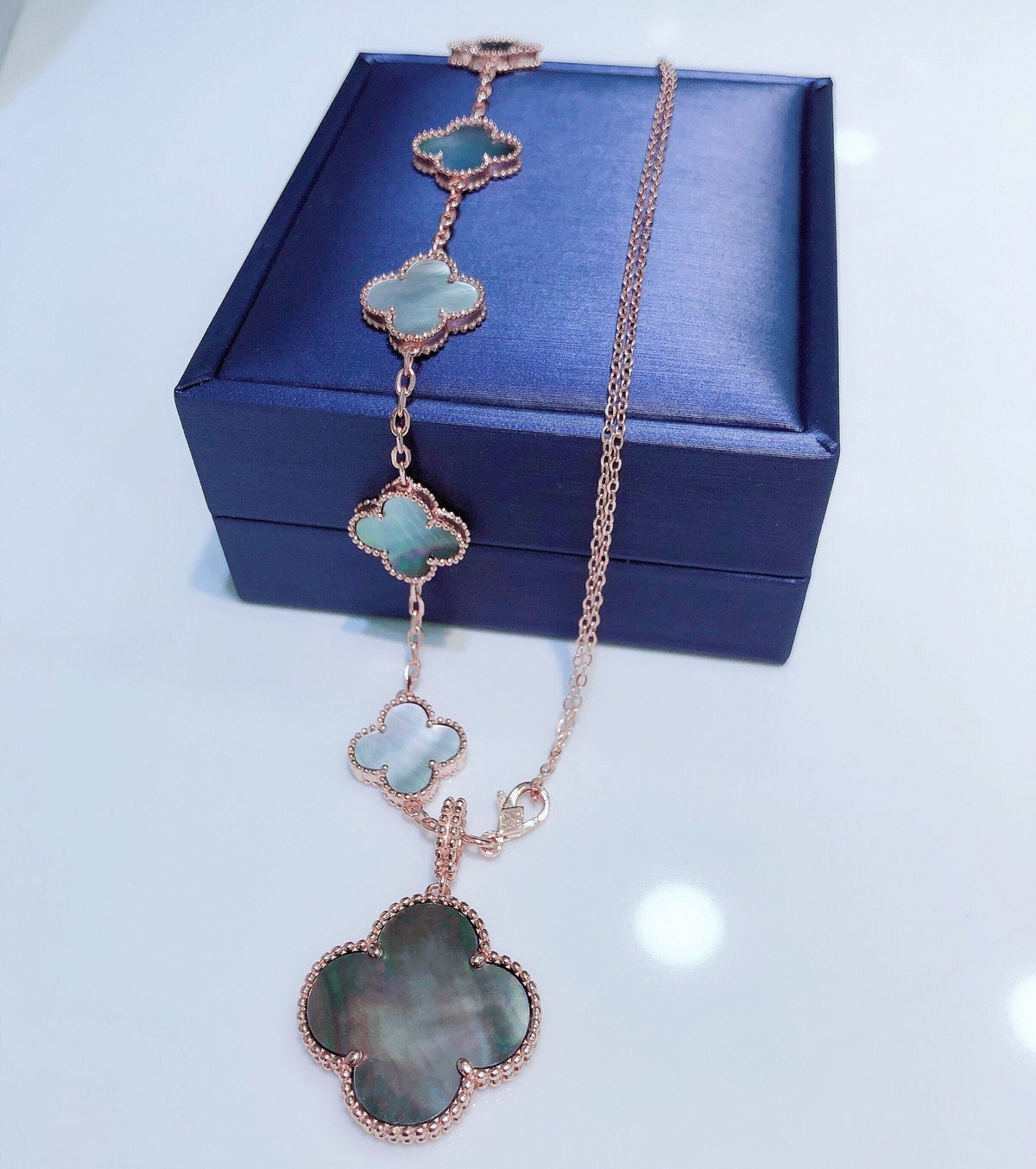 [⭐Clover Jewelry]COMBINED BRACELET 5 MOTIFS AND NECKLACE DARK MOP ROSE GOLD