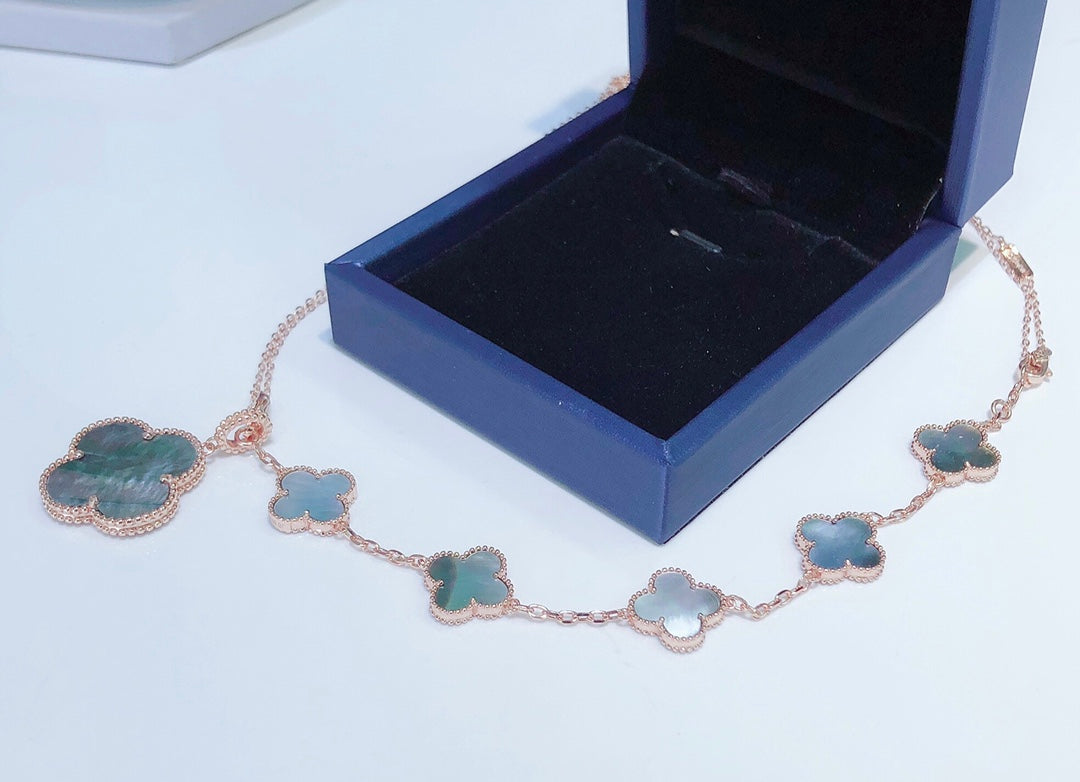 [⭐Clover Jewelry]COMBINED BRACELET 5 MOTIFS AND NECKLACE DARK MOP ROSE GOLD