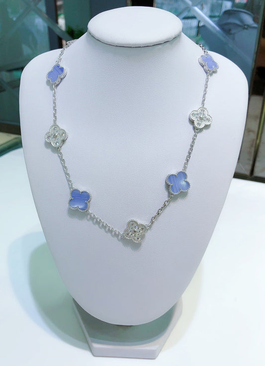 [⭐Clover Jewelry]CLOVER 10 MOTIFS CHALCEDONY DIAMONDS SILVER NECKLACE