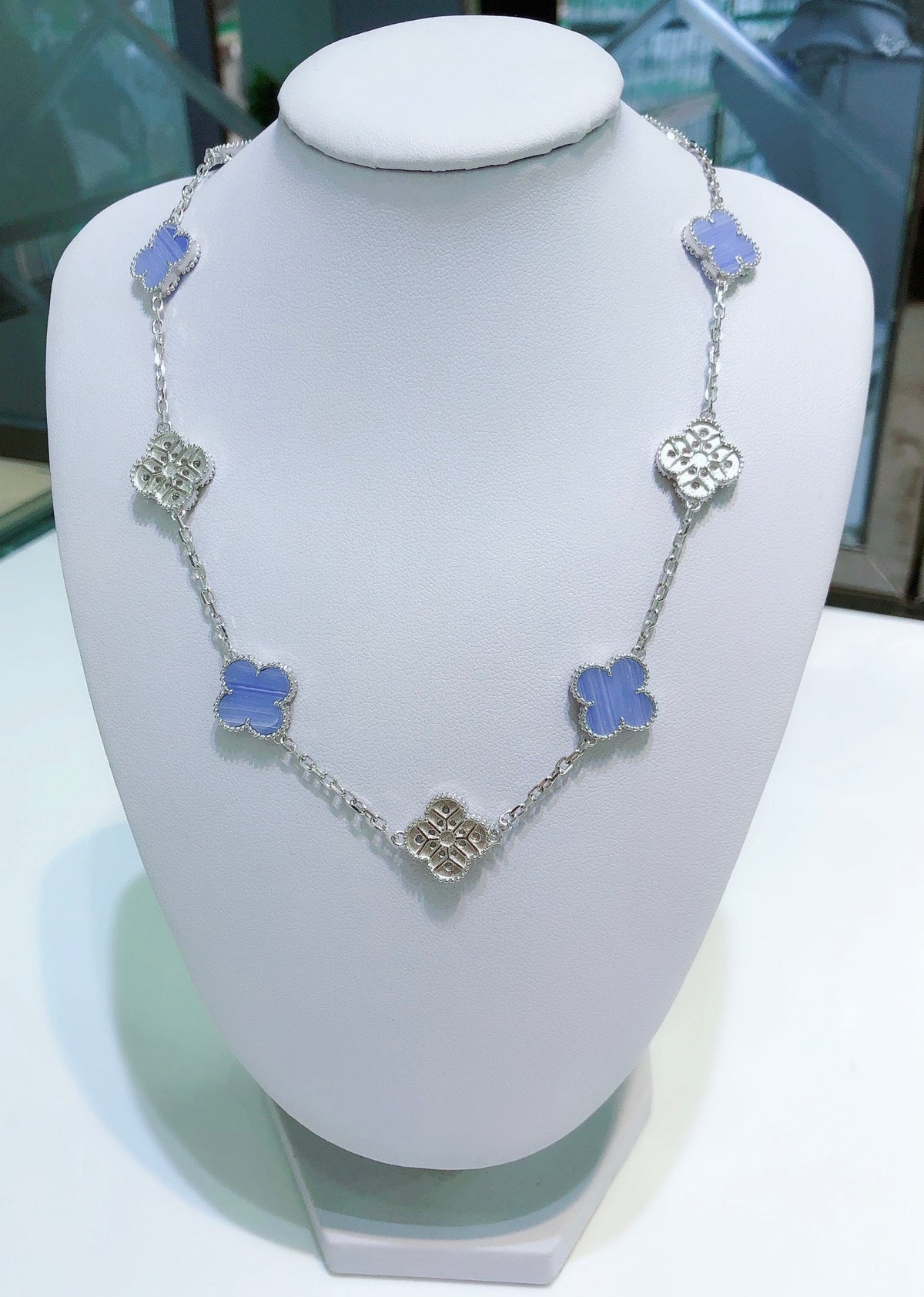 [⭐Clover Jewelry]CLOVER 10 MOTIFS CHALCEDONY DIAMONDS SILVER NECKLACE