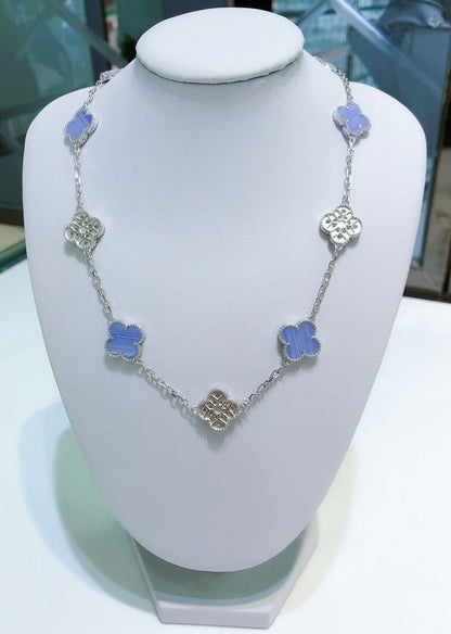[⭐Clover Jewelry]CLOVER 10 MOTIFS CHALCEDONY DIAMONDS SILVER NECKLACE