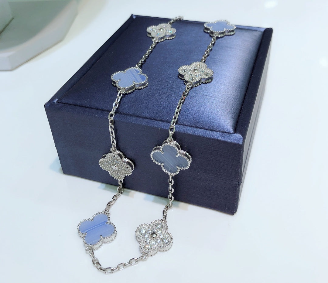 [⭐Clover Jewelry]CLOVER 10 MOTIFS CHALCEDONY DIAMONDS SILVER NECKLACE