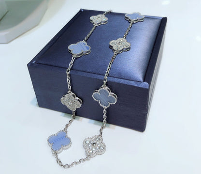 [⭐Clover Jewelry]CLOVER 10 MOTIFS CHALCEDONY DIAMONDS SILVER NECKLACE