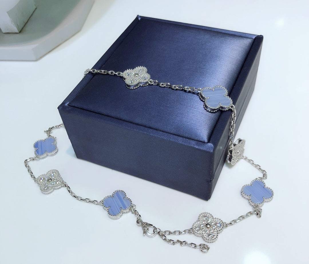 [⭐Clover Jewelry]CLOVER 10 MOTIFS CHALCEDONY DIAMONDS SILVER NECKLACE