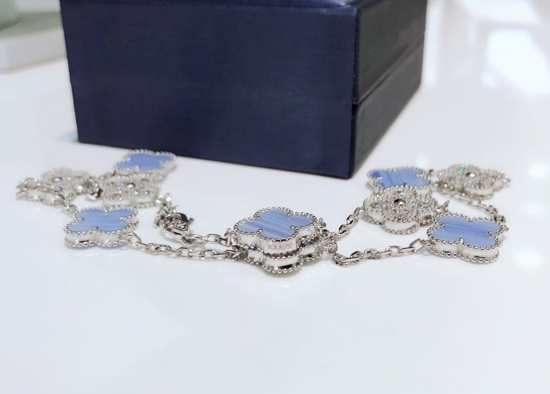[⭐Clover Jewelry]CLOVER 10 MOTIFS CHALCEDONY DIAMONDS SILVER NECKLACE
