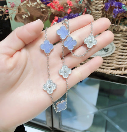 [⭐Clover Jewelry]CLOVER 10 MOTIFS CHALCEDONY DIAMONDS SILVER NECKLACE