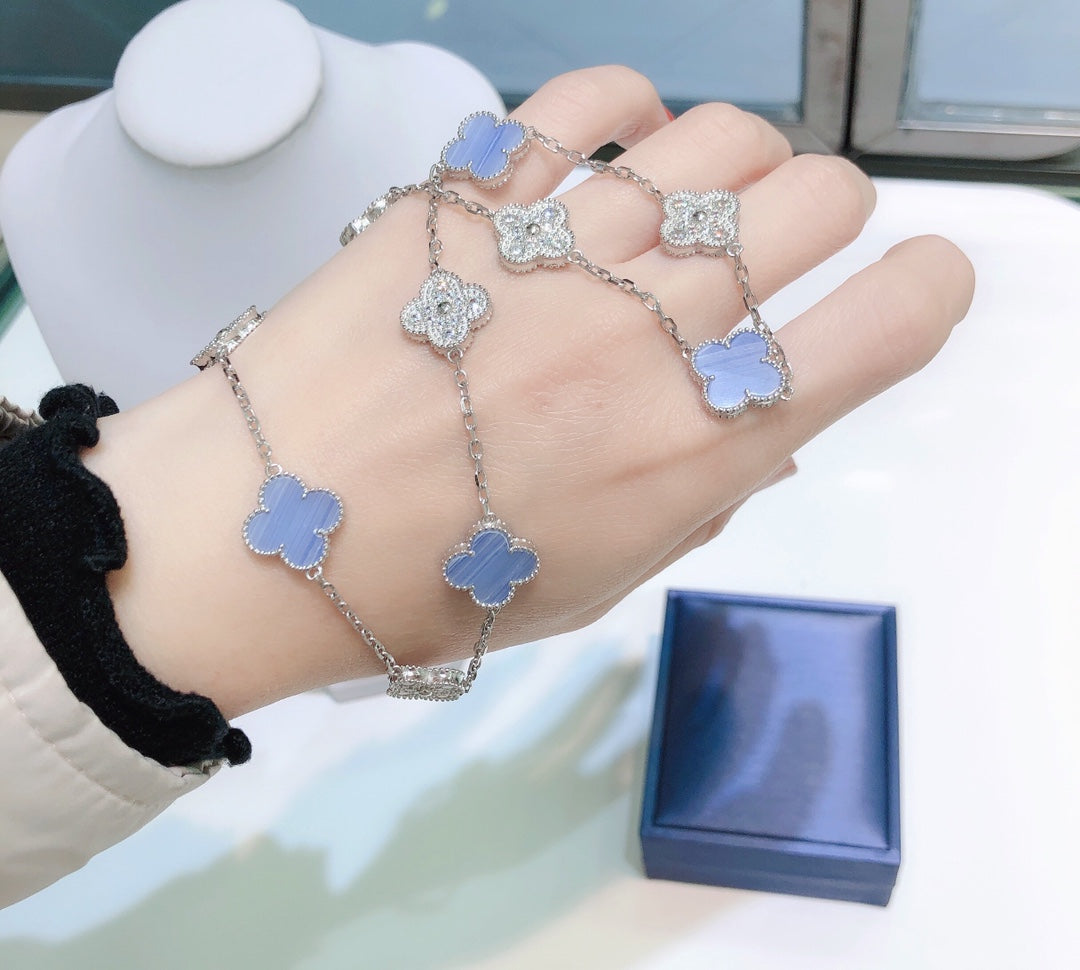 [⭐Clover Jewelry]CLOVER 10 MOTIFS CHALCEDONY DIAMONDS SILVER NECKLACE