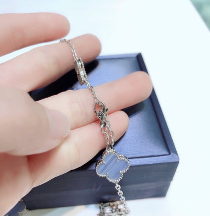 [⭐Clover Jewelry]CLOVER 10 MOTIFS CHALCEDONY DIAMONDS SILVER NECKLACE